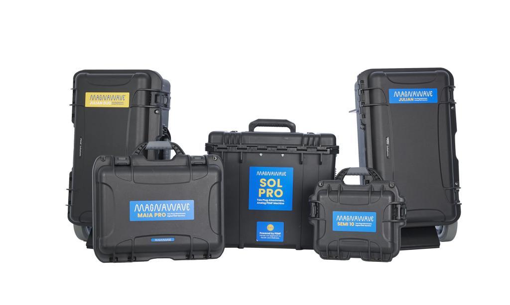 MagnaWavePEMF machine lineup with Julian Duo, Maia Pro, Sol Rp, Semi 10, and Julian