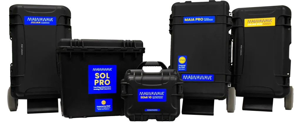 Group of MagnaWave PEMF unit cases displayed together: Julian, SOL PRO, Semi 10, MAIA Pro, and Julian Duo, with a transparent background