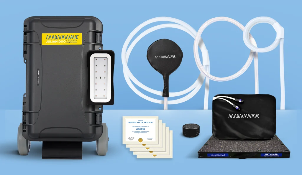 MagnaWavePEMF products Julian Duo, ROC Red Light, XL Wave Wings, Large Loop, Butterfly Loop, Mag Energy Mat, and Mat guard with training certificates for MagnaWavePEMF certified practitioners, all part of a bundle