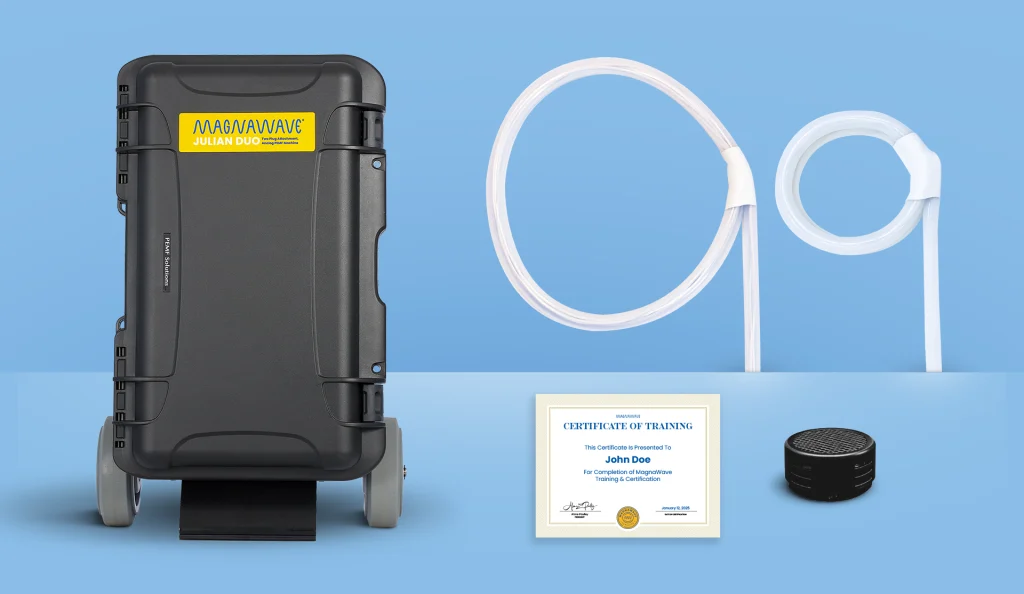 MagnaWavePEMF products Julian Duo, Large Loop, and Butterfly Loop with a training certificate for MagnaWavePEMF certified practitioners, all part of a bundle