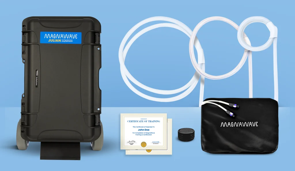 MagnaWavePEMF products Julian, XL Wave Wings, Large Loop, Butterfly Loop, and Mag Energy Mat with training certificates for MagnaWavePEMF certified practitioners, all part of a bundle