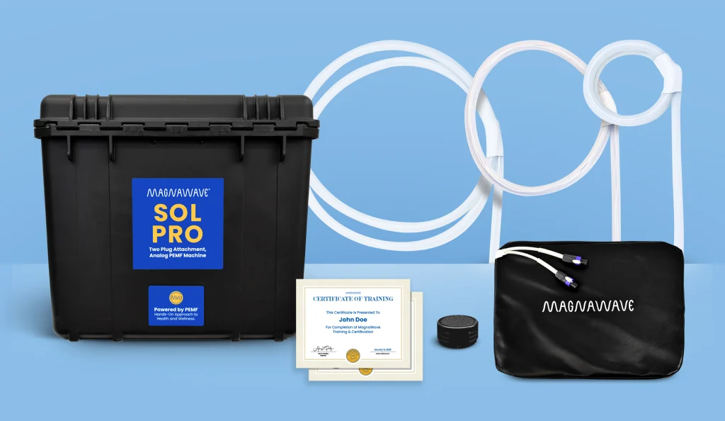 MagnaWavePEMF products Sol Pro, XL Wave Wings, Large Loop, Butterfly Loop, and Mag Energy Mat with training certificates for MagnaWavePEMF certified practitioners, all part of a bundle