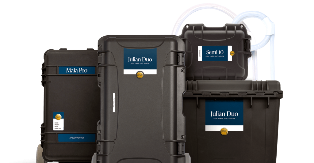Group of MagnaWave PEMF unit cases displayed together: MAIA Pro, Julian Duo (shown twice), and Semi 10, with connector cables
