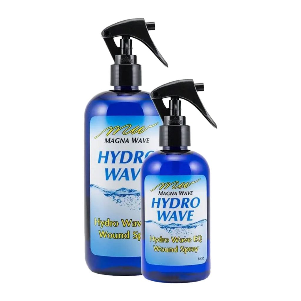 Two blue spray bottles of MagnaWave Hydro Wave EQ Wound Spray in different sizes