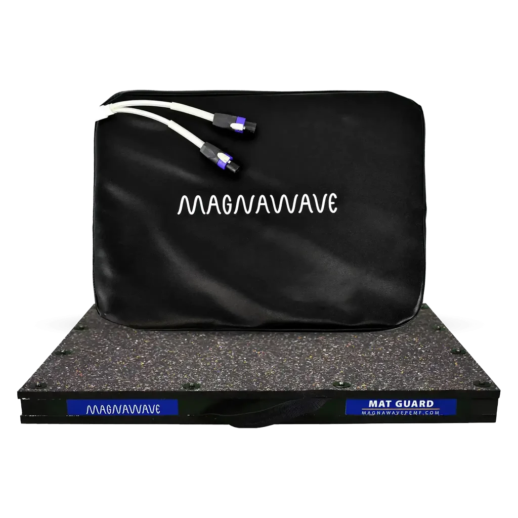 MagnaWave equipment bag with connector cables resting on top of a Mat Guard