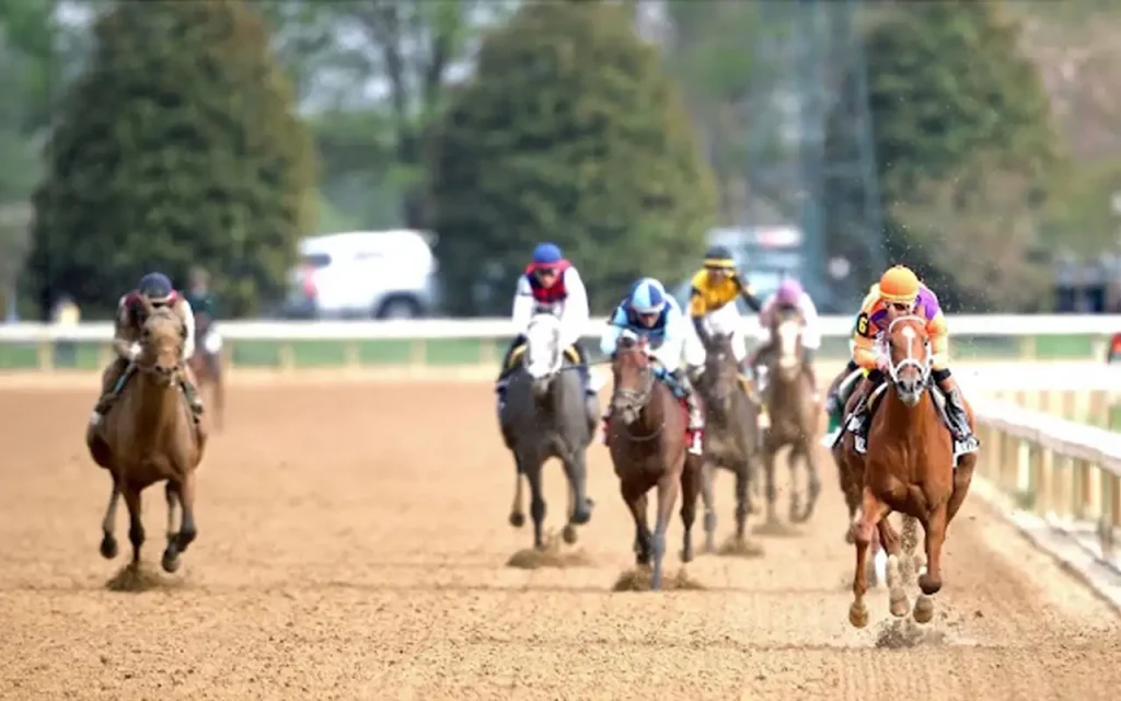 Several jockeys racing horses down a dirt track, with an orange-capped jockey on a chestnut horse leading the pack