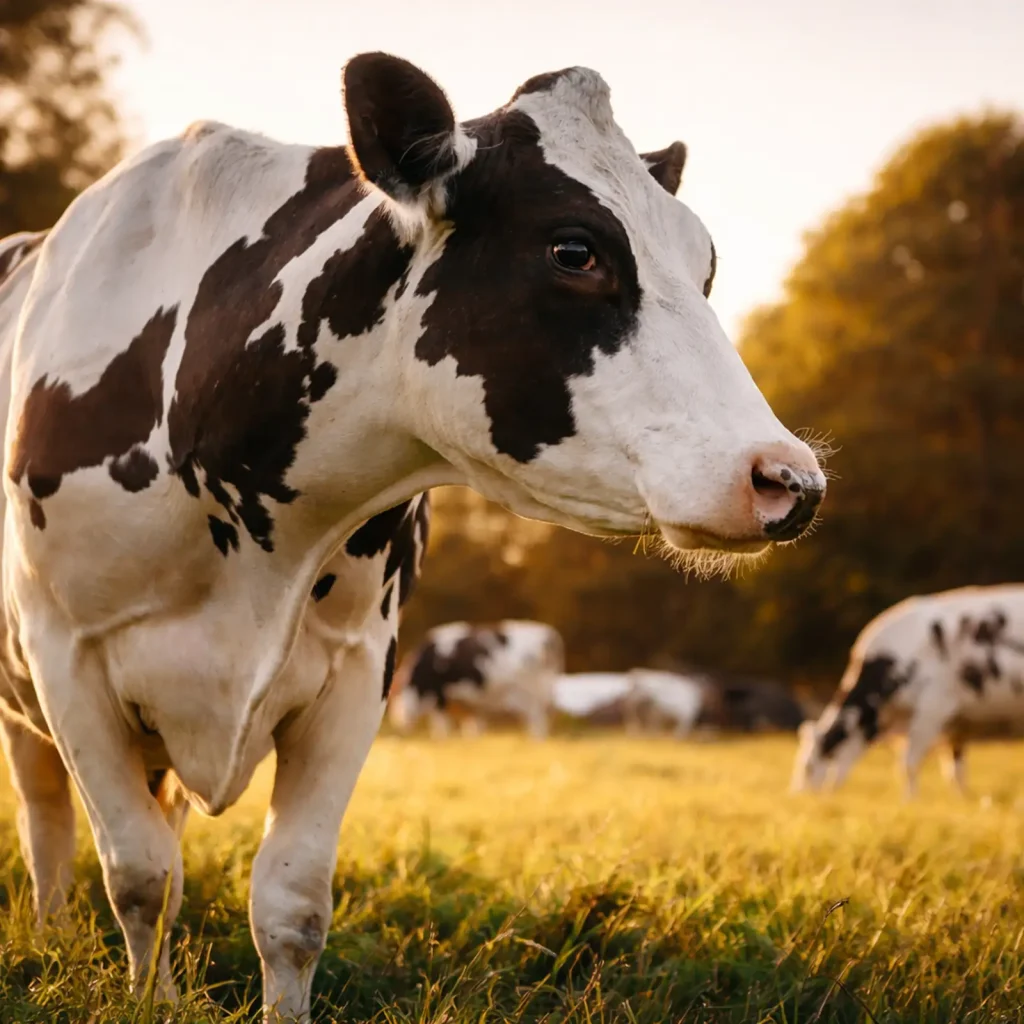 Dairy cow standing in a barn