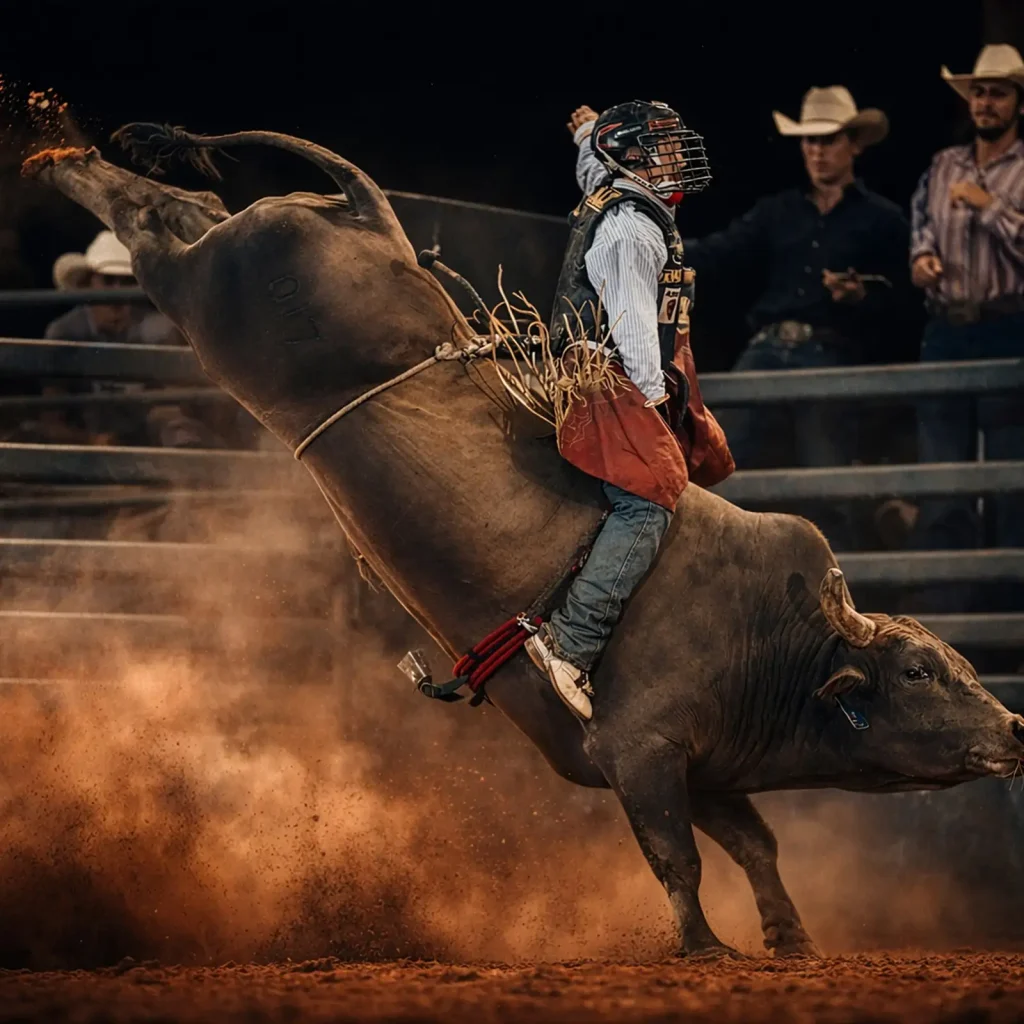 Rodeo competitor and horse in the arena