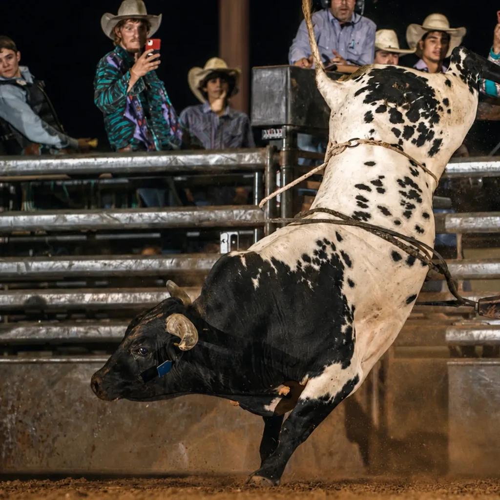 Rodeo competitor and horse in the arena