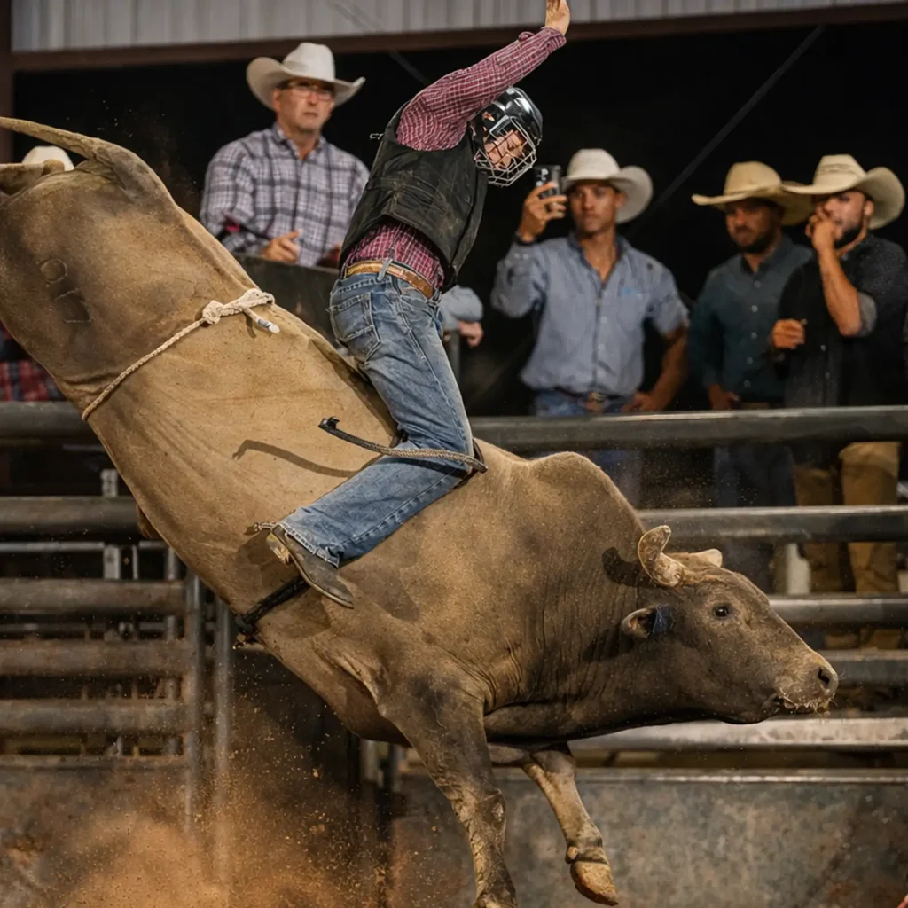 Rodeo competitor and horse in the arena